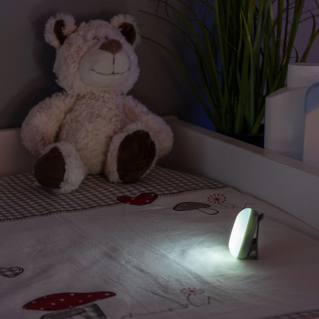 Stelle- og ammelys ClipLight med klips og timer lysegrå med Micro-USB-kabel