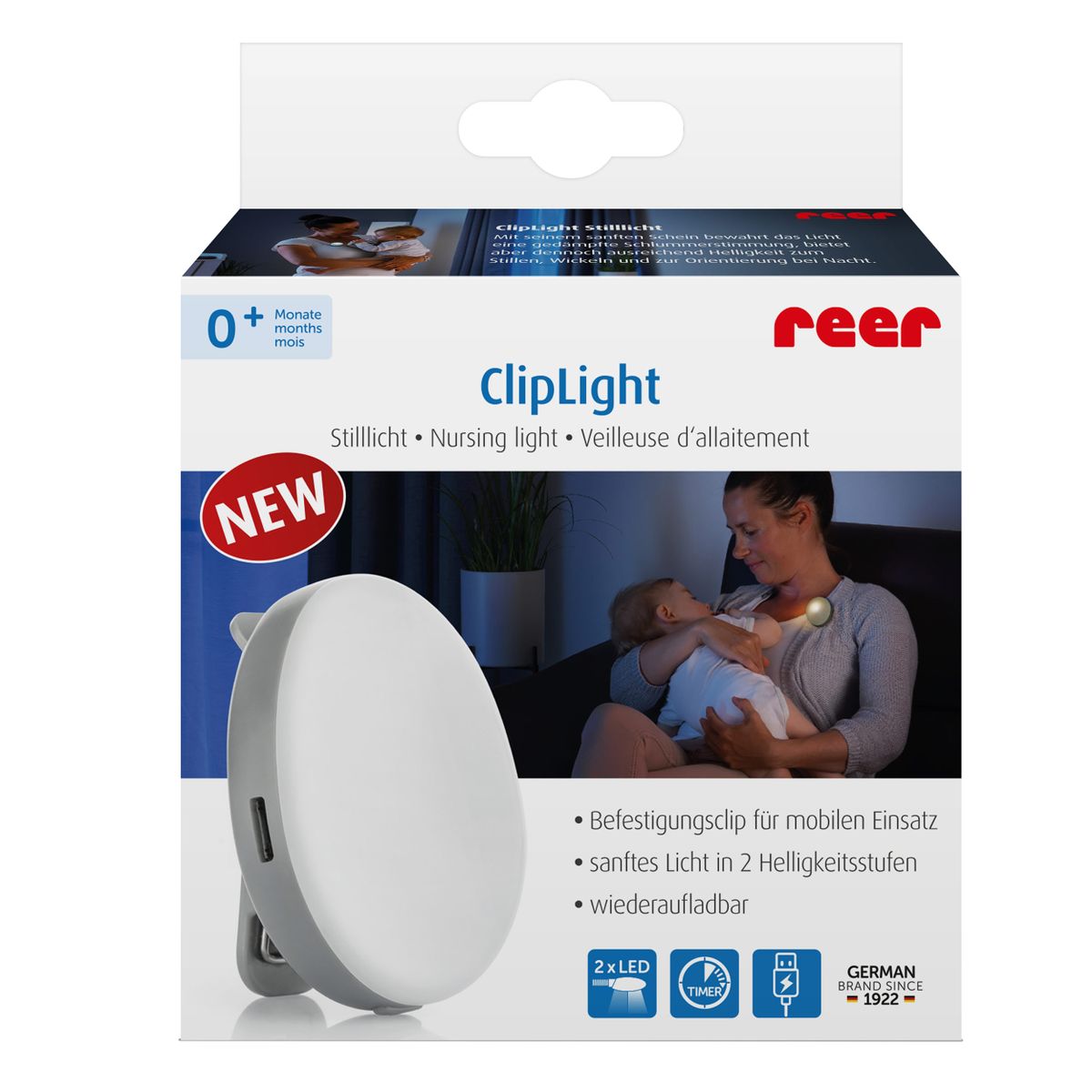 Oversikt over Stelle- og ammelys ClipLight med klips og timer lysegrå