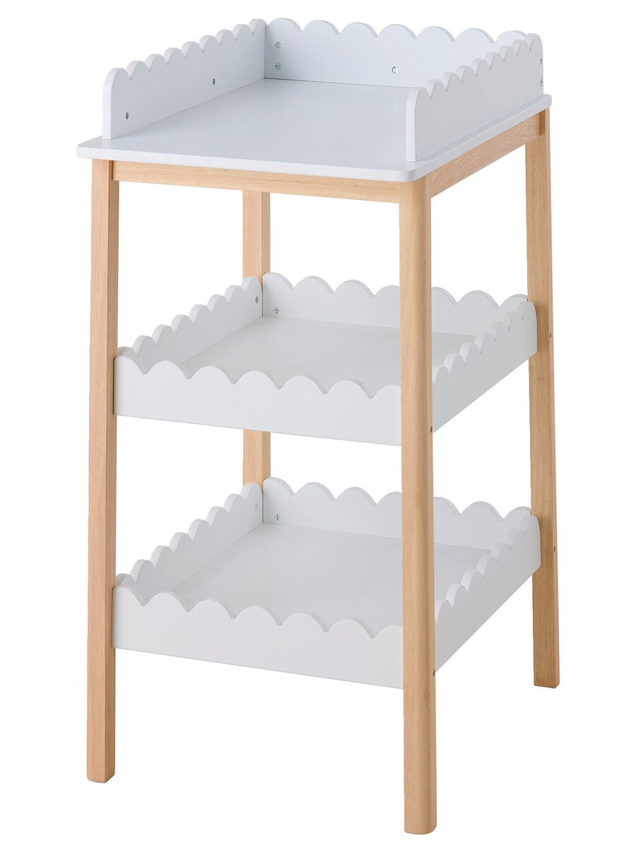 Detalj av buekanter på stellebord FESTON med 2 hyller i MDF og tre