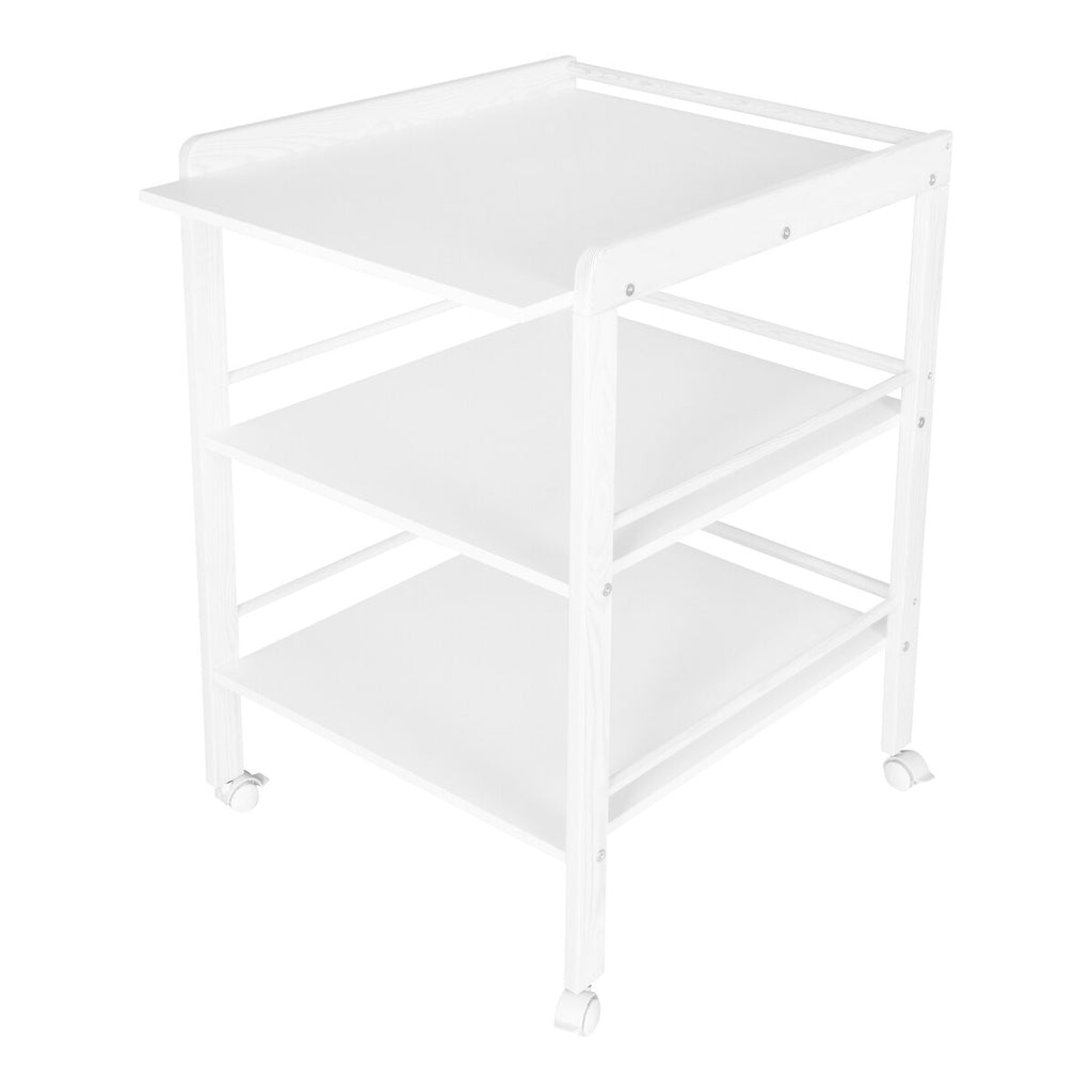 Montert stellebord i massiv furu med hyller og hjul 57x72 cm i bruk