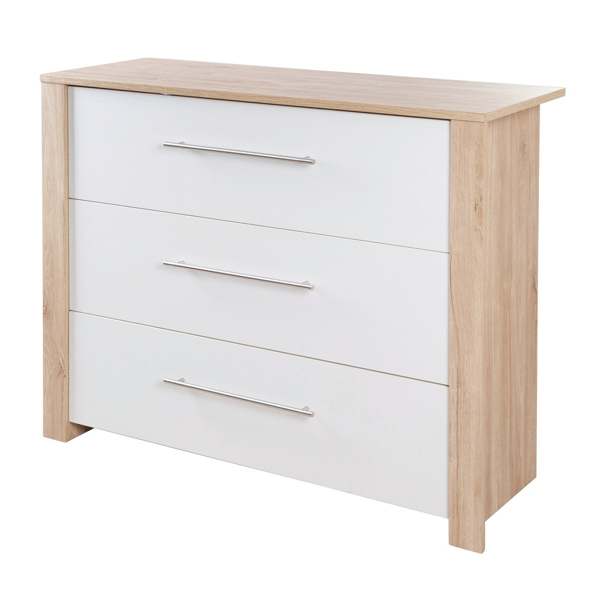 Detalj av metallhåndtak på Stellekommode bred med stelletopp Malo, 3 skuffer