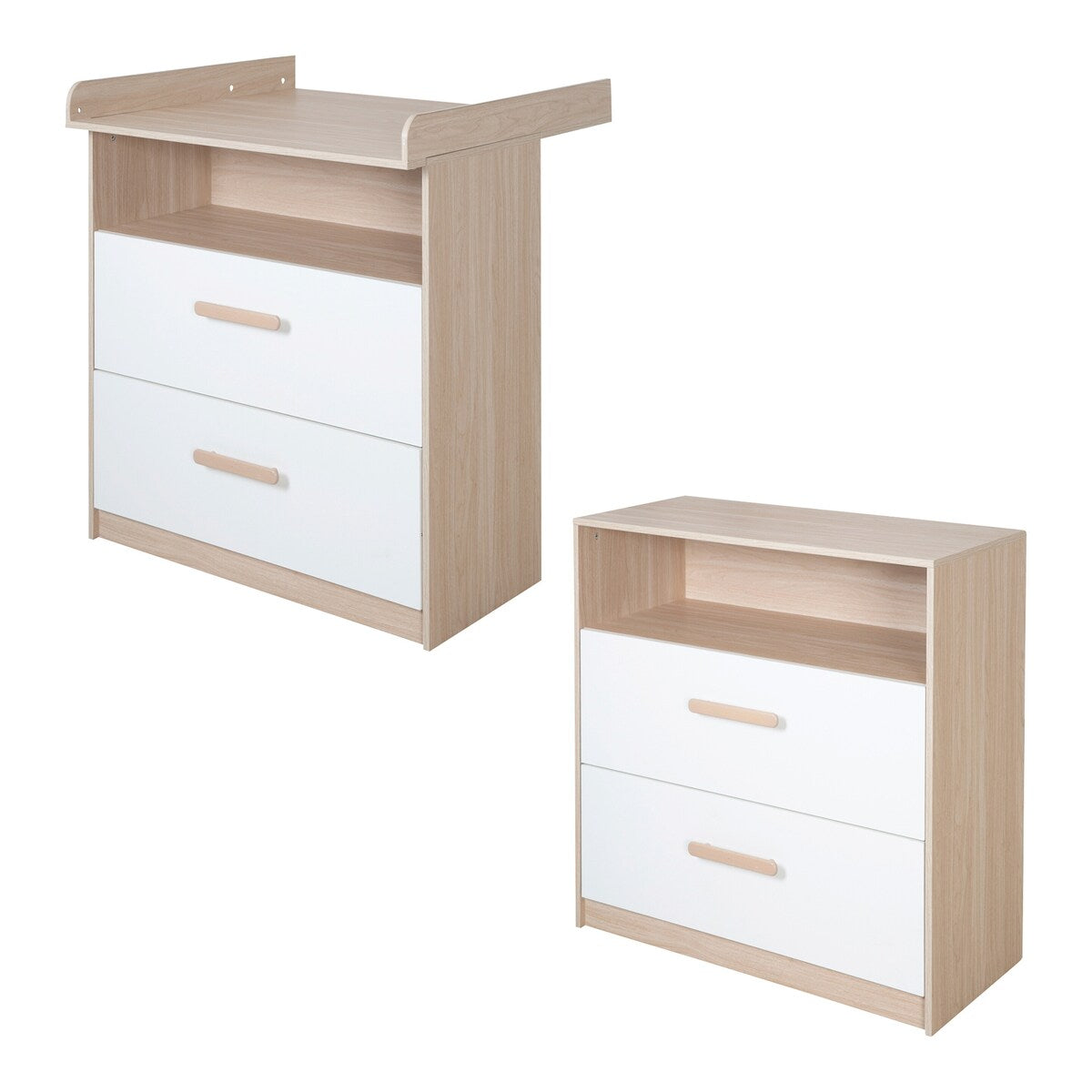 Detalj av håndtak på Stellekommode Cabane eik hvit med 2 skuffer