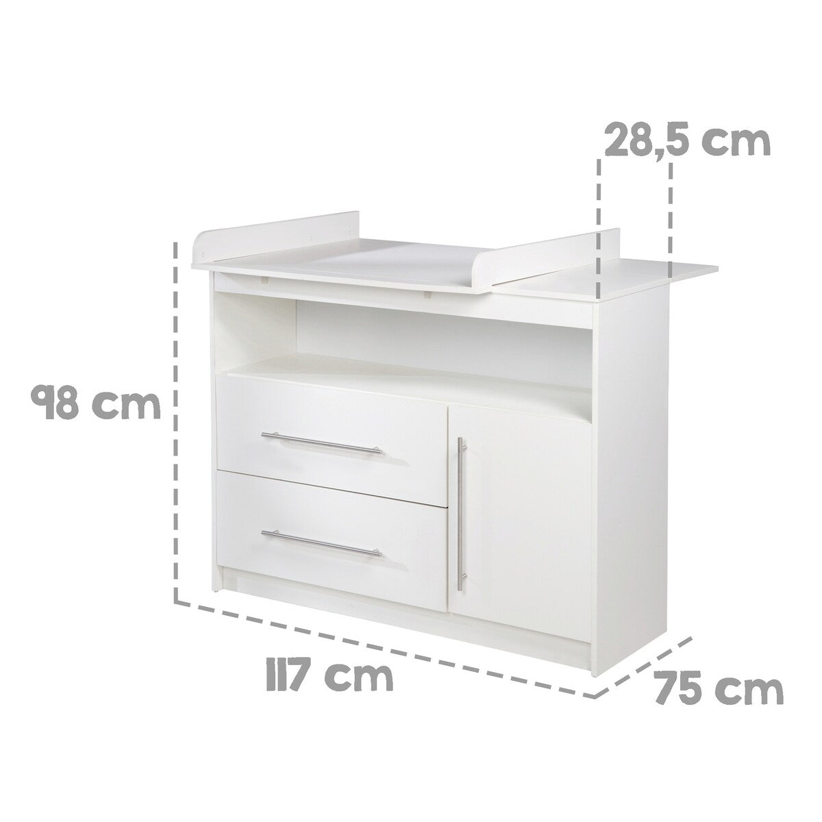 Oversikt over Stellekommode Maren bred med avtakbar stelleplate 90 cm i babyrom
