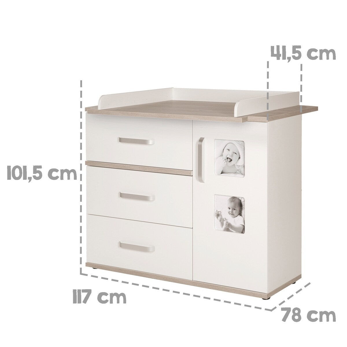 Avtagbar stelleplate på Stellekommode Moritz bred 117x78 cm hvit Luna Elm