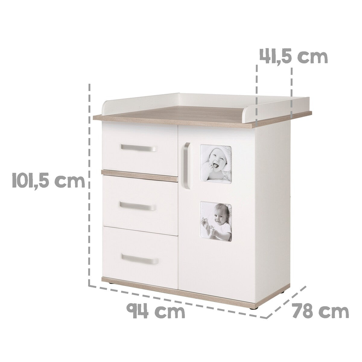 Stellekommode Moritz smal 94x78 cm hvit/Luna Elm detalj av softclose-skuff
