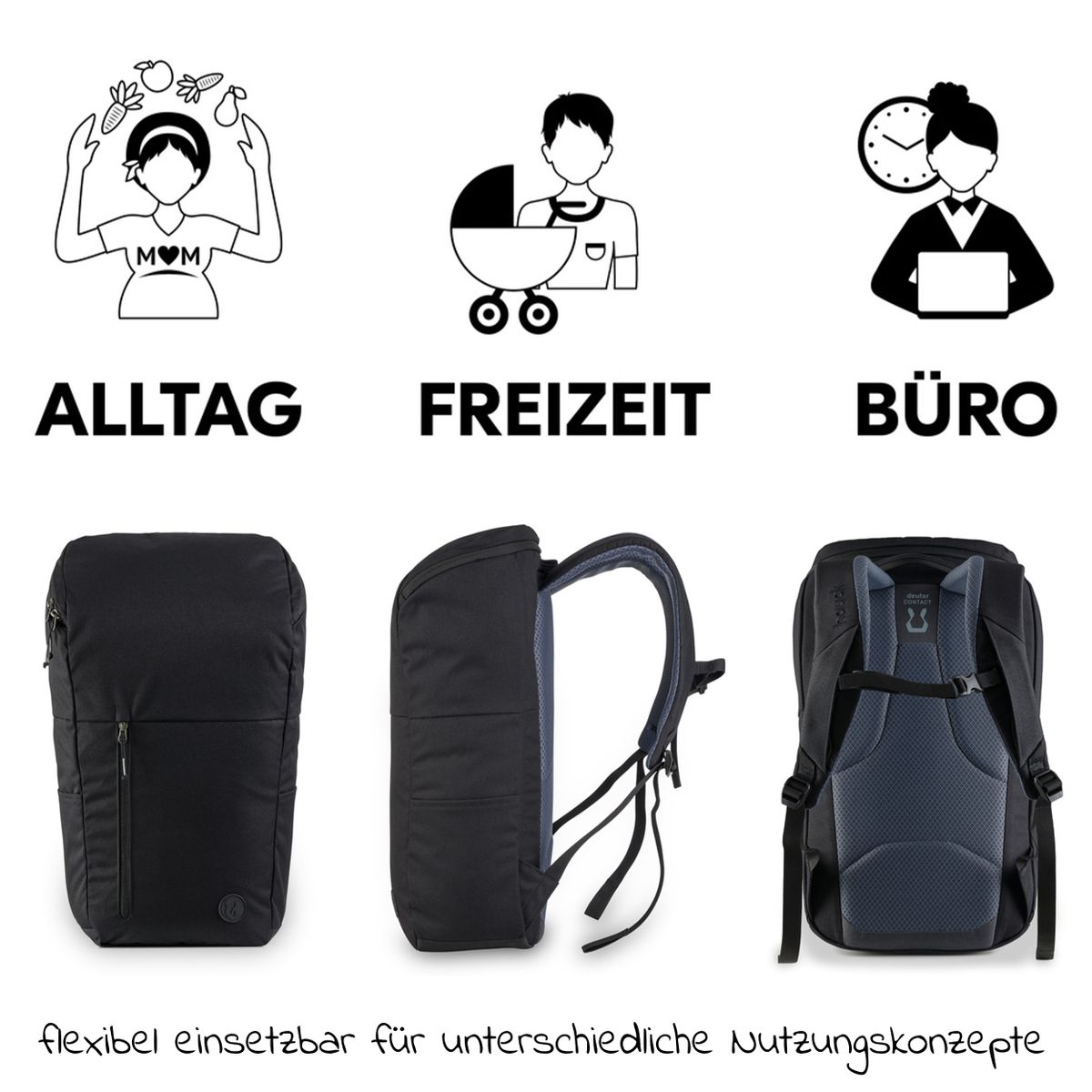 Stellesekk Pack N Walk 22 l i resirkulert polyester, sort bakside