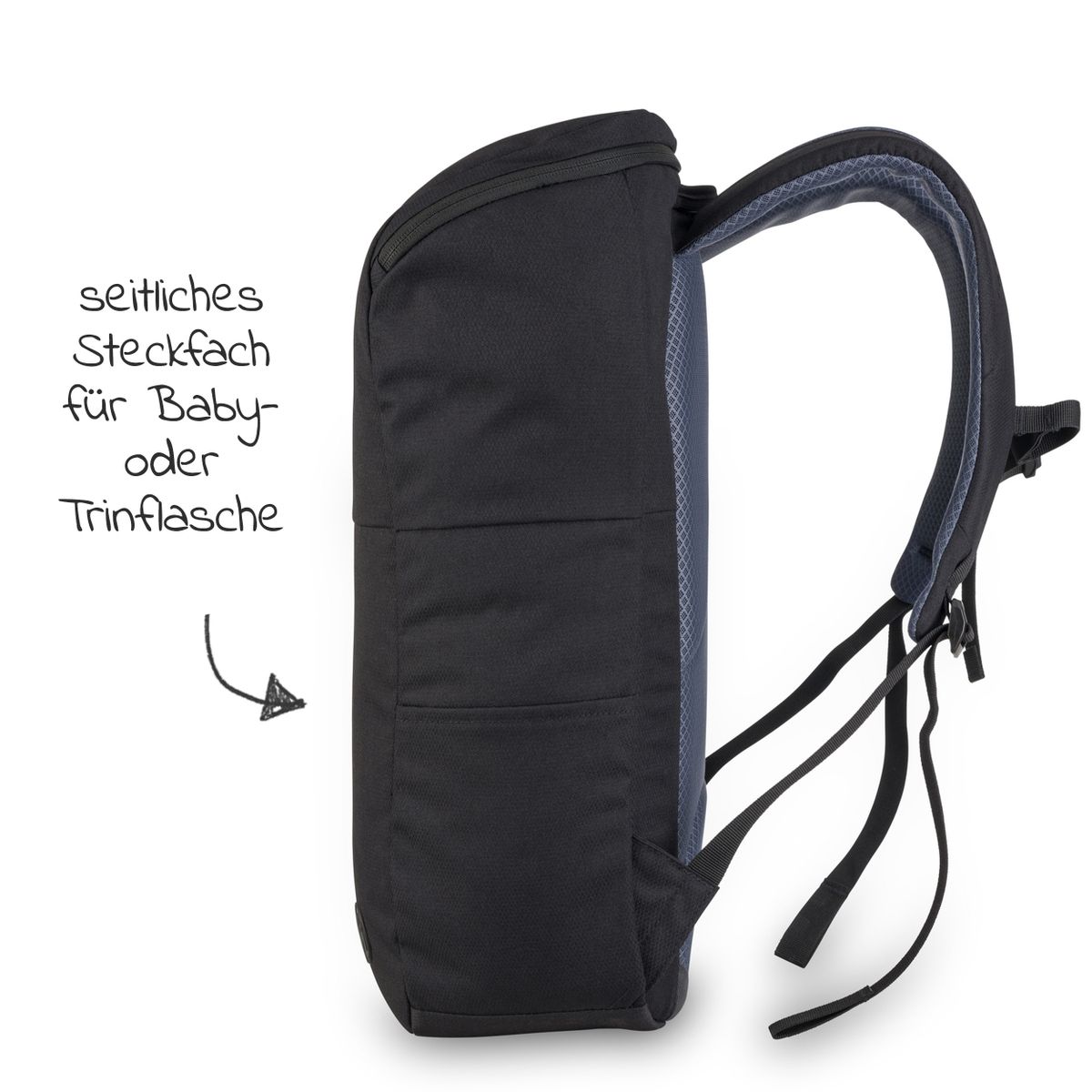 Innsiden av Stellesekk Pack N Walk 22 l i resirkulert polyester, sort med lommer