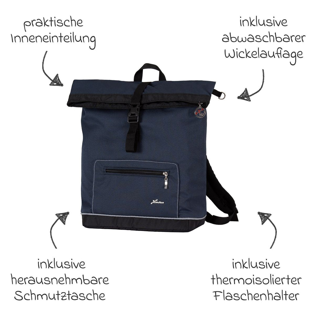 Montert Stellesekk Space Bag Rolltop Navy Stripes med stellematte på barnevogn
