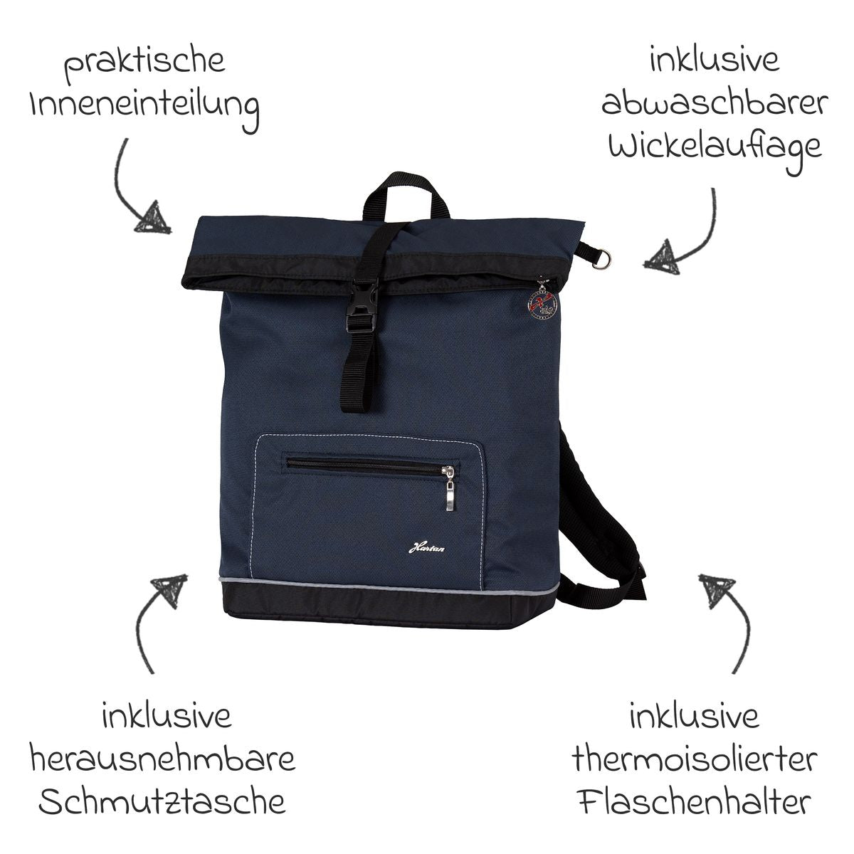 Montert Stellesekk Space Bag Rolltop Navy Stripes med stellematte på barnevogn