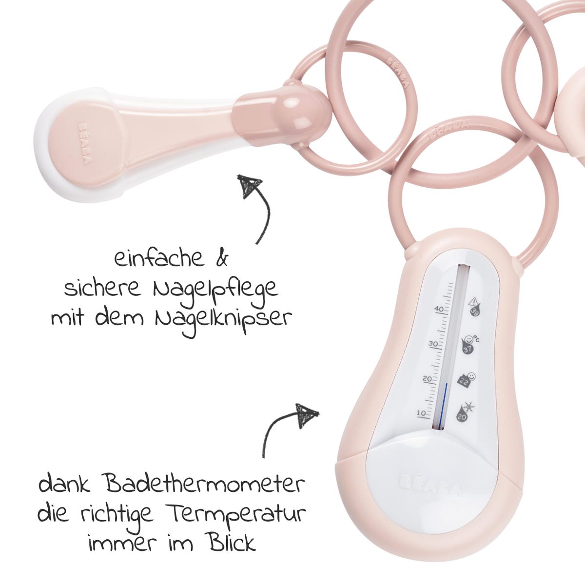 Stellesett 4 deler med badetermometer Old Pink montert og klar til bruk