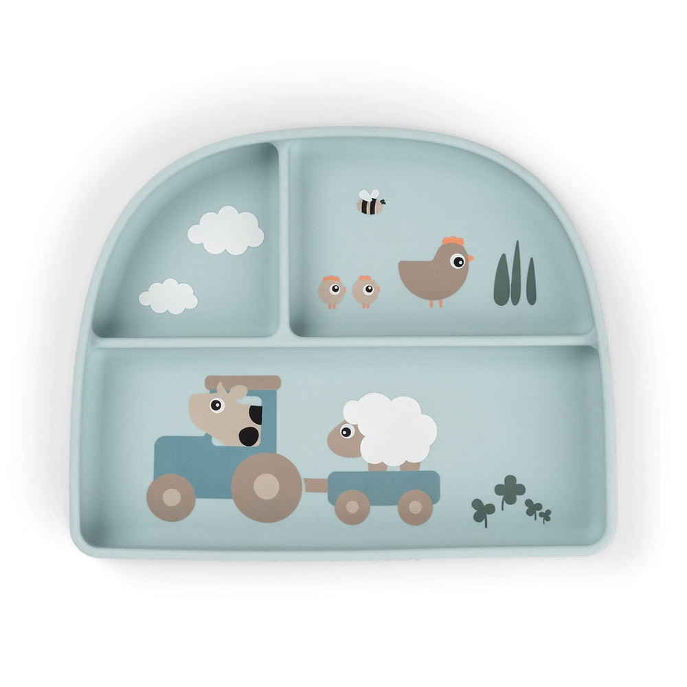 Stick&Stay tallerken med inndeling silikon Tiny Farm blå sett forfra
