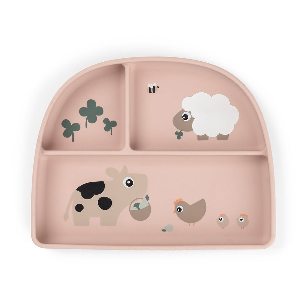 Stick&Stay tallerken med inndeling silikon Tiny Farm pudder forfra
