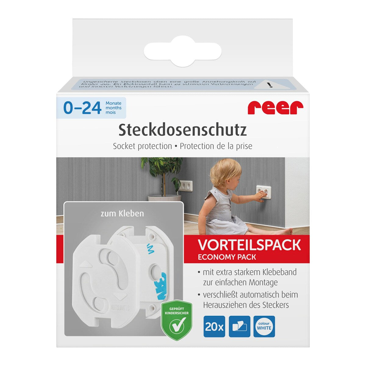 Stikkontaktbeskyttelse 20-pakning med klebefeste - reer