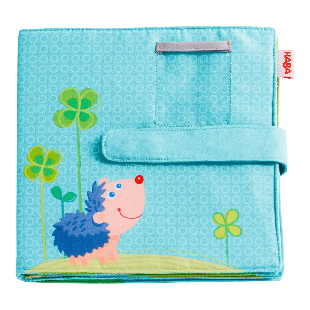 Stoffbok babyfotoalbum for 8 bilder 10x15 cm fra 6 mnd forside