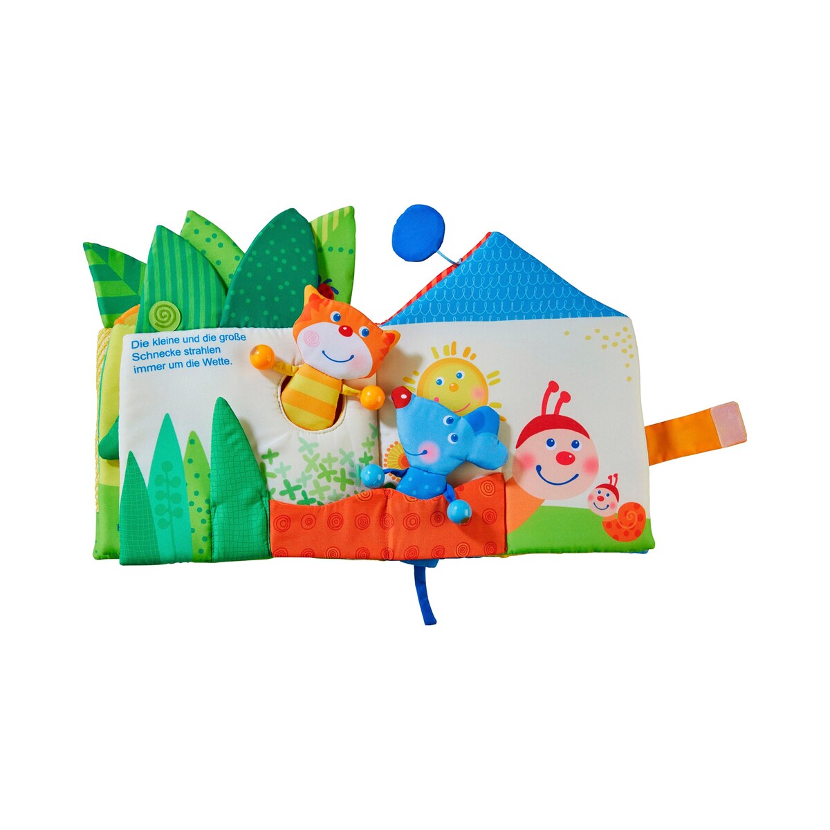 Stoffbok bladhus med lekefigurer og rim bakside