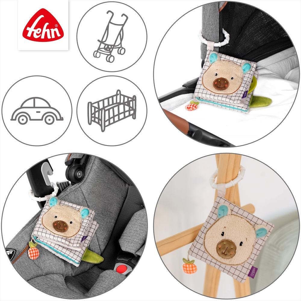 Montert stoffbok capybara med pipeelement og speil for baby - Fehn på barnevogn