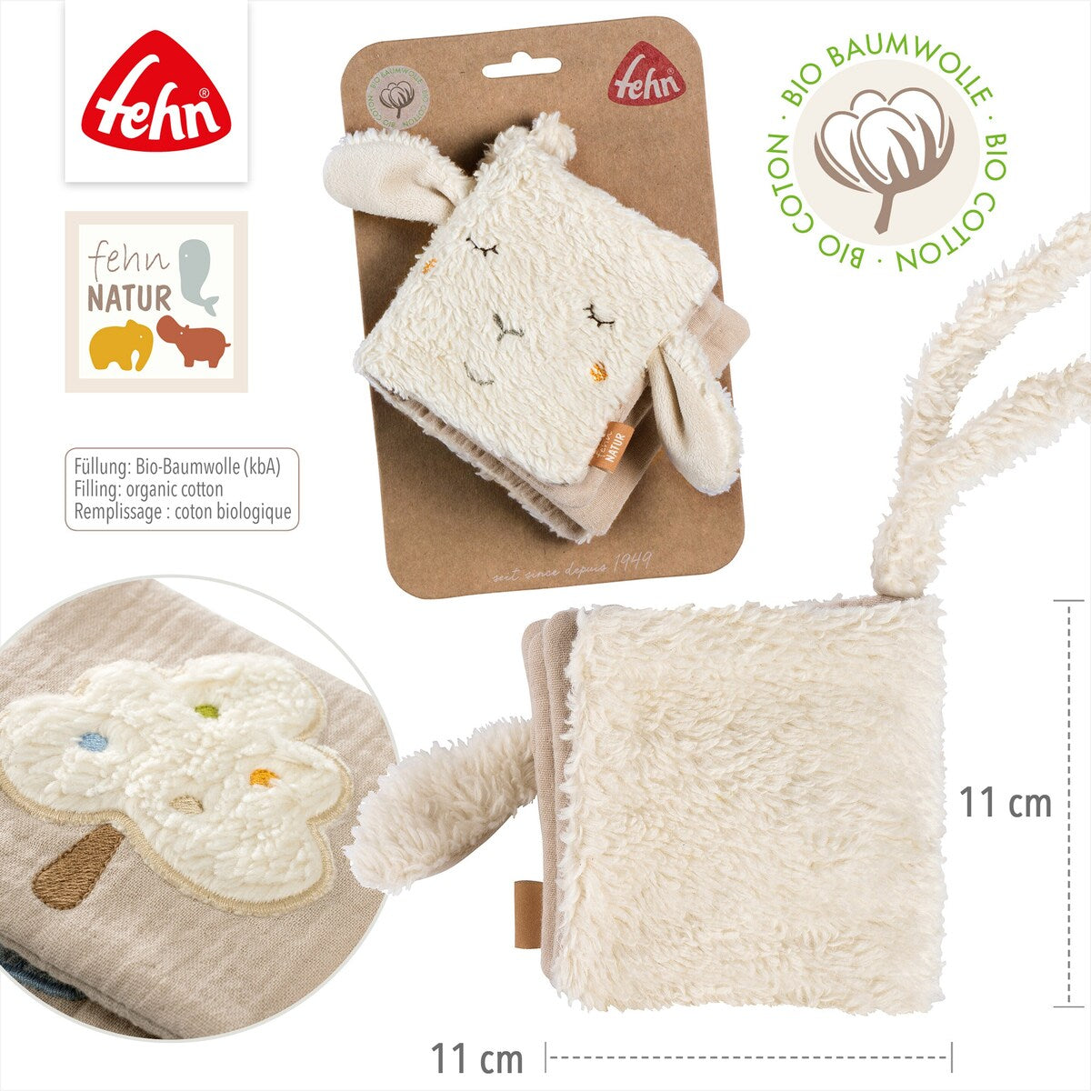 Nærbilde av knitrepapir på stoffbok sau fehnNATUR med speil og knitrepapir