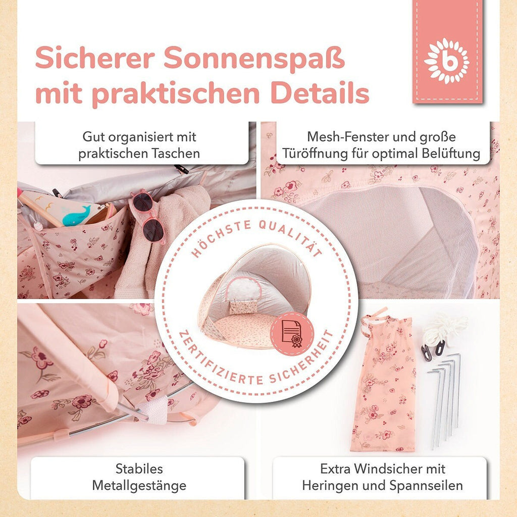 Nærbilde av teltets feste og spennstropp på Strandtelt pop-up Dreamy Flowers