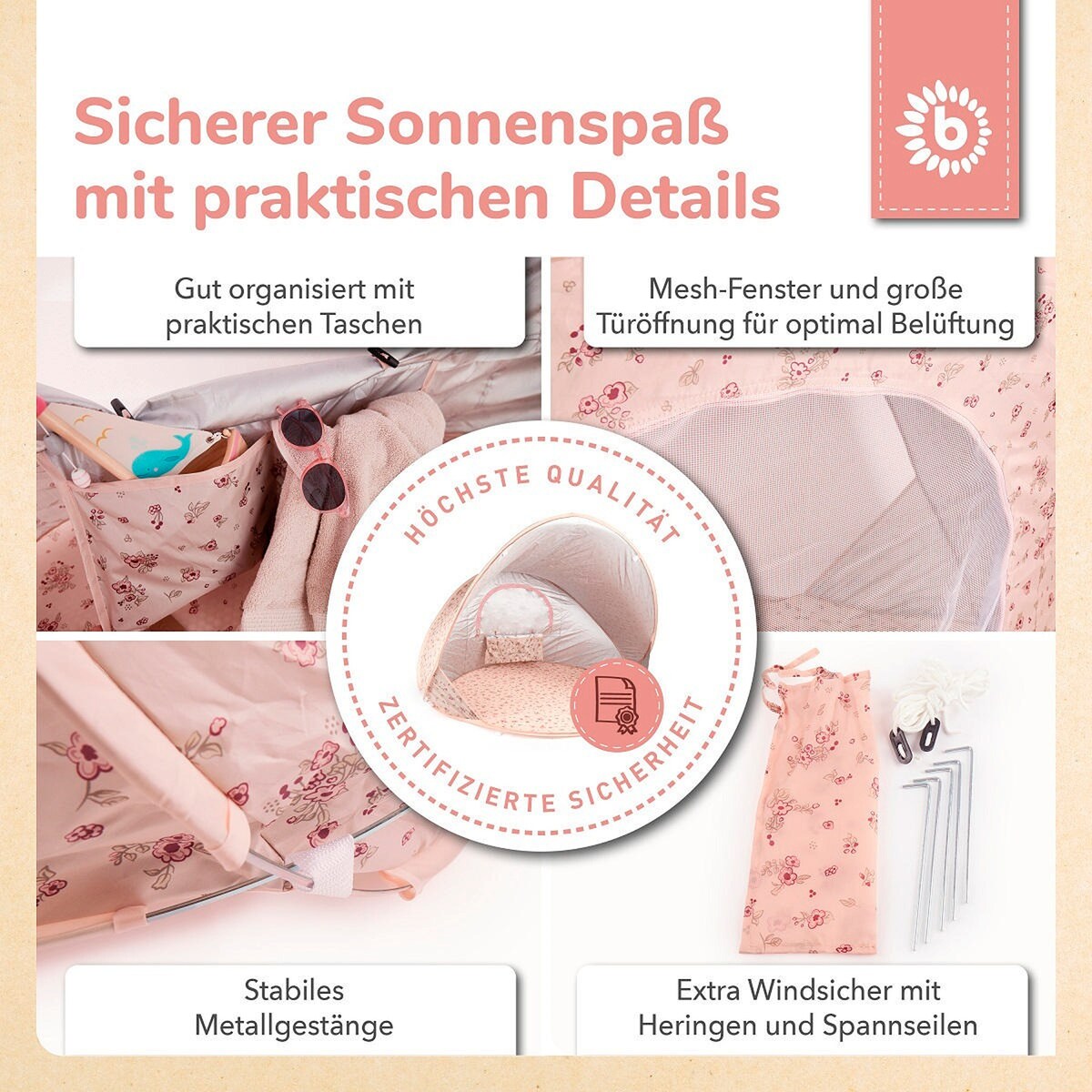 Nærbilde av teltets feste og spennstropp på Strandtelt pop-up Dreamy Flowers