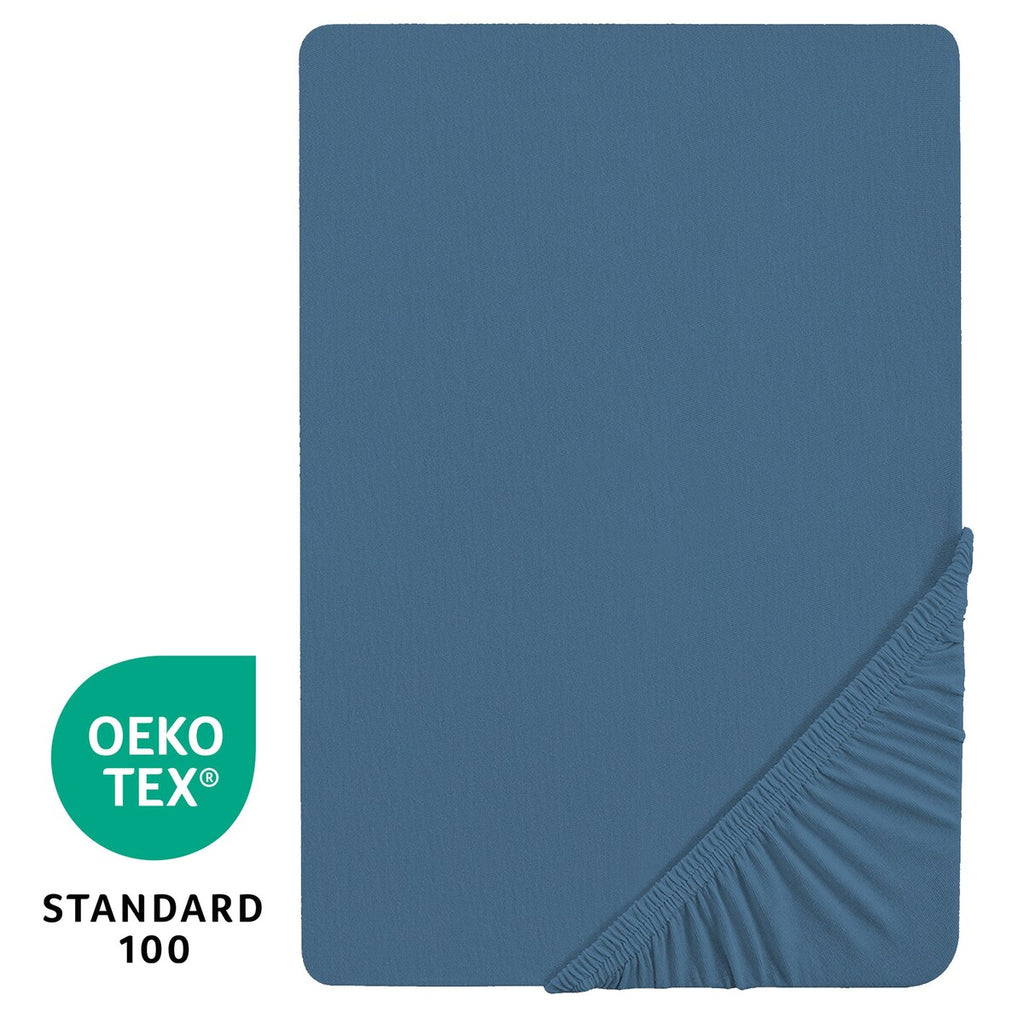 Detalj av stoffet på Stretchlaken jersey Seashells indigo