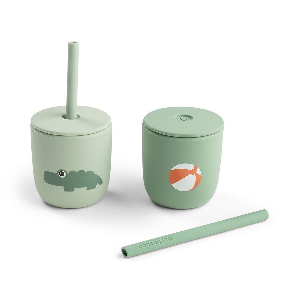 Sugerørkopp i silikon 2-pack Playground grønn med lokk bakside
