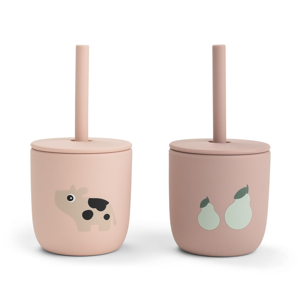 Sugerørkopp i silikon 2-pack Tiny Farm pudder Done by Deer forfra