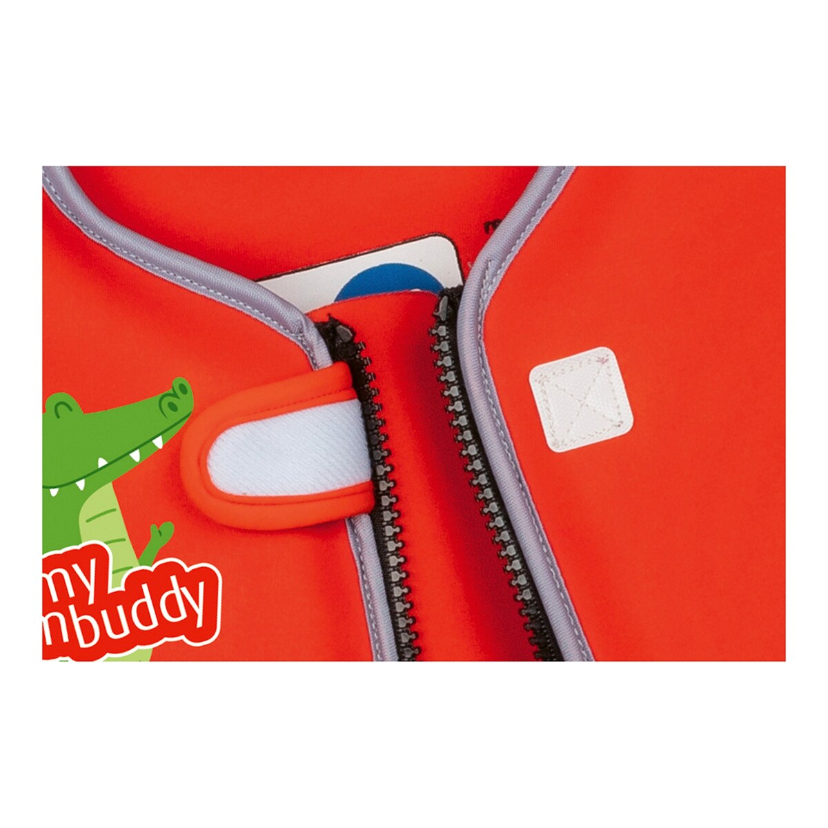 Detaljbilde av glidelås på svømmevest myswimbuddy neopren str. S 15-19 kg
