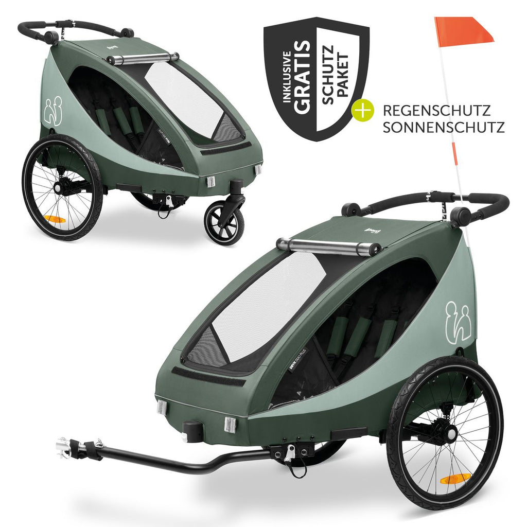 Sykkelvogn 2-i-1 Dryk Duo Plus for 2 barn forfra