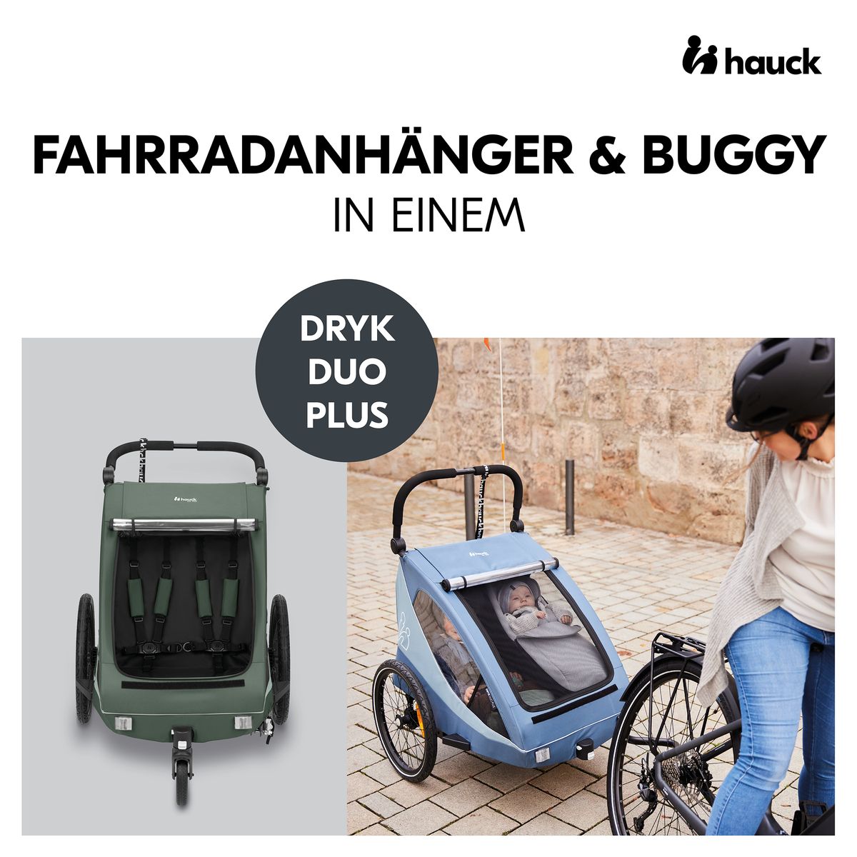 Sykkelvogn Dryk Duo Plus 2-i-1 for 2 barn mørkegrønn bakside