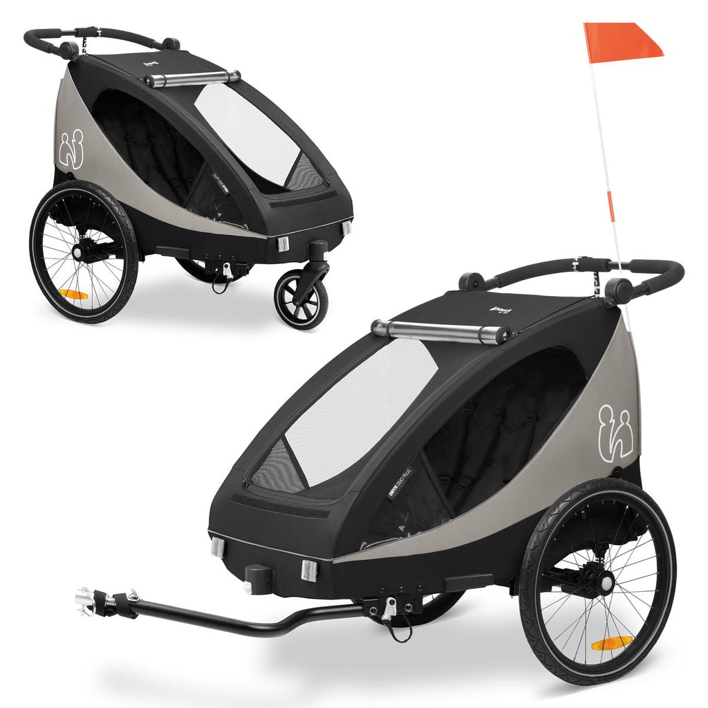 Sykkelvogn Dryk Duo Plus 2-i-1 for 2 barn svart forfra