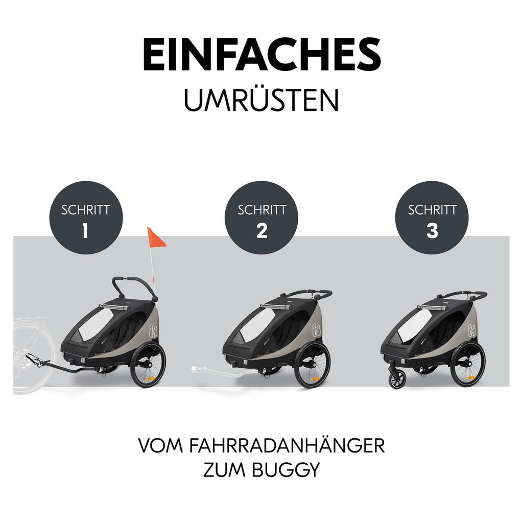 Sykkelvogn Dryk Duo Plus 2-i-1 for 2 barn svart detalj av hjul