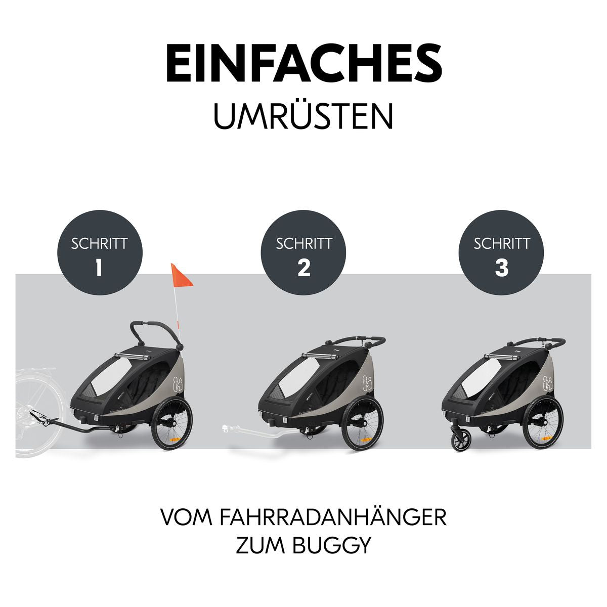 Sykkelvogn Dryk Duo Plus 2-i-1 for 2 barn svart detalj av hjul