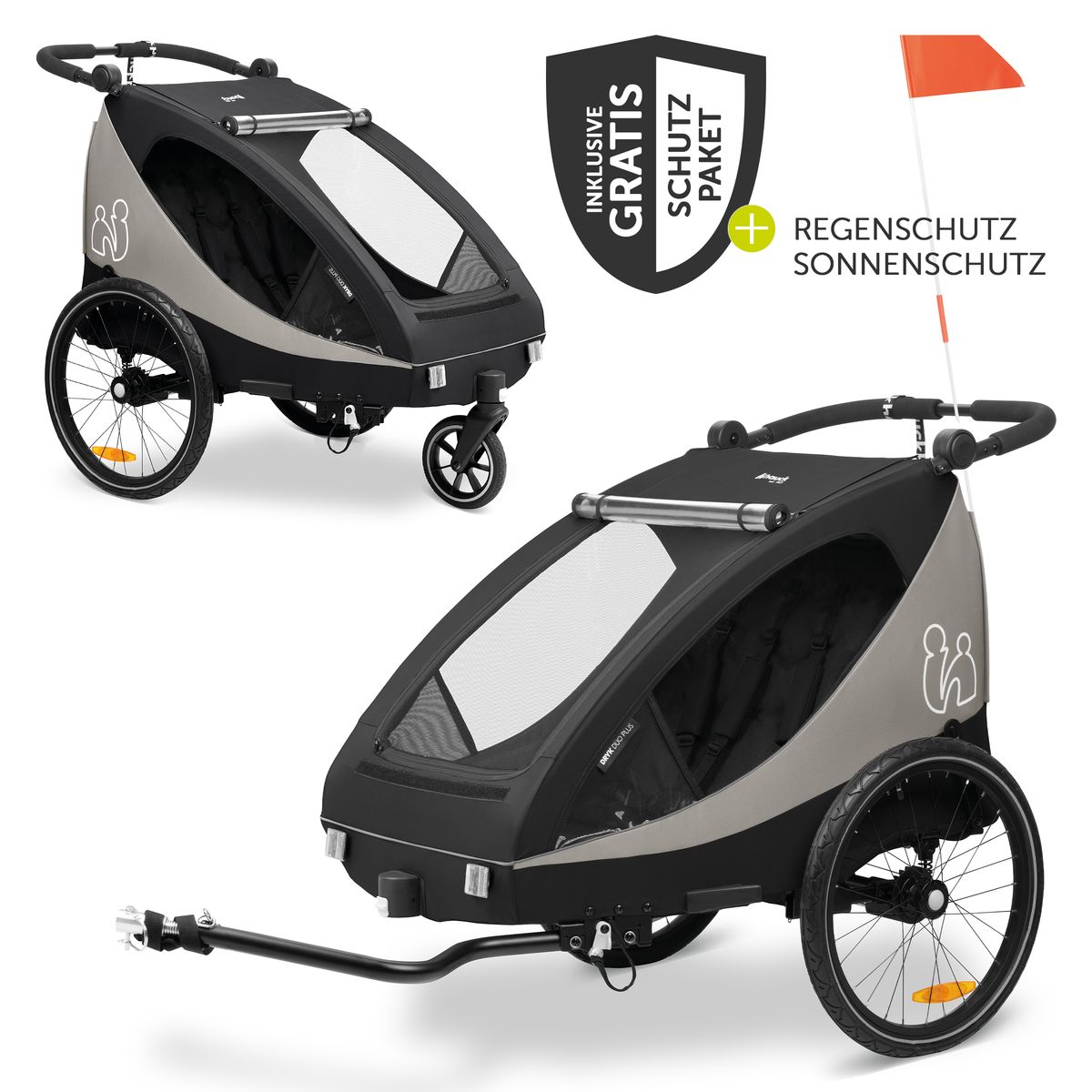 Sykkelvogn 2-i-1 Dryk Duo Plus for 2 barn forfra