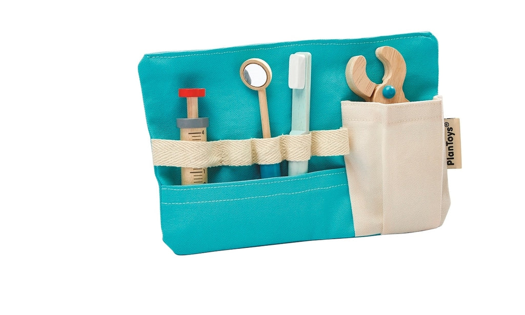 Detalj av tannlegeinstrumenter i Tannlegesett i gummitreverk for barn fra 3 år fra PlanToys