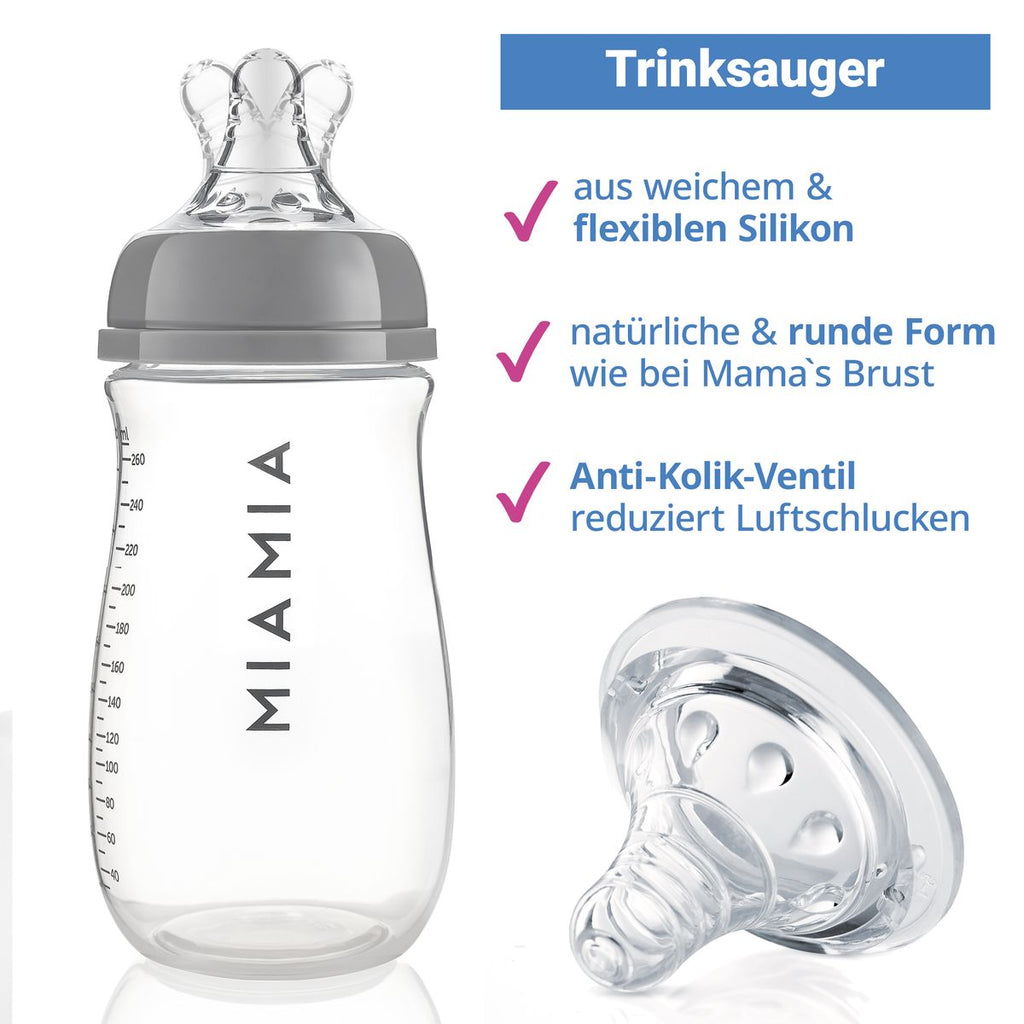 Detalj av silikontrinksauger på Tåteflaske 3-pakning 260 ml med flaskesmokk str. S grå