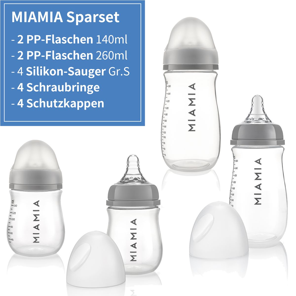 Tåteflaske 4-pakning 140 og 260 ml med flaskesmokk str. S, grå bakside