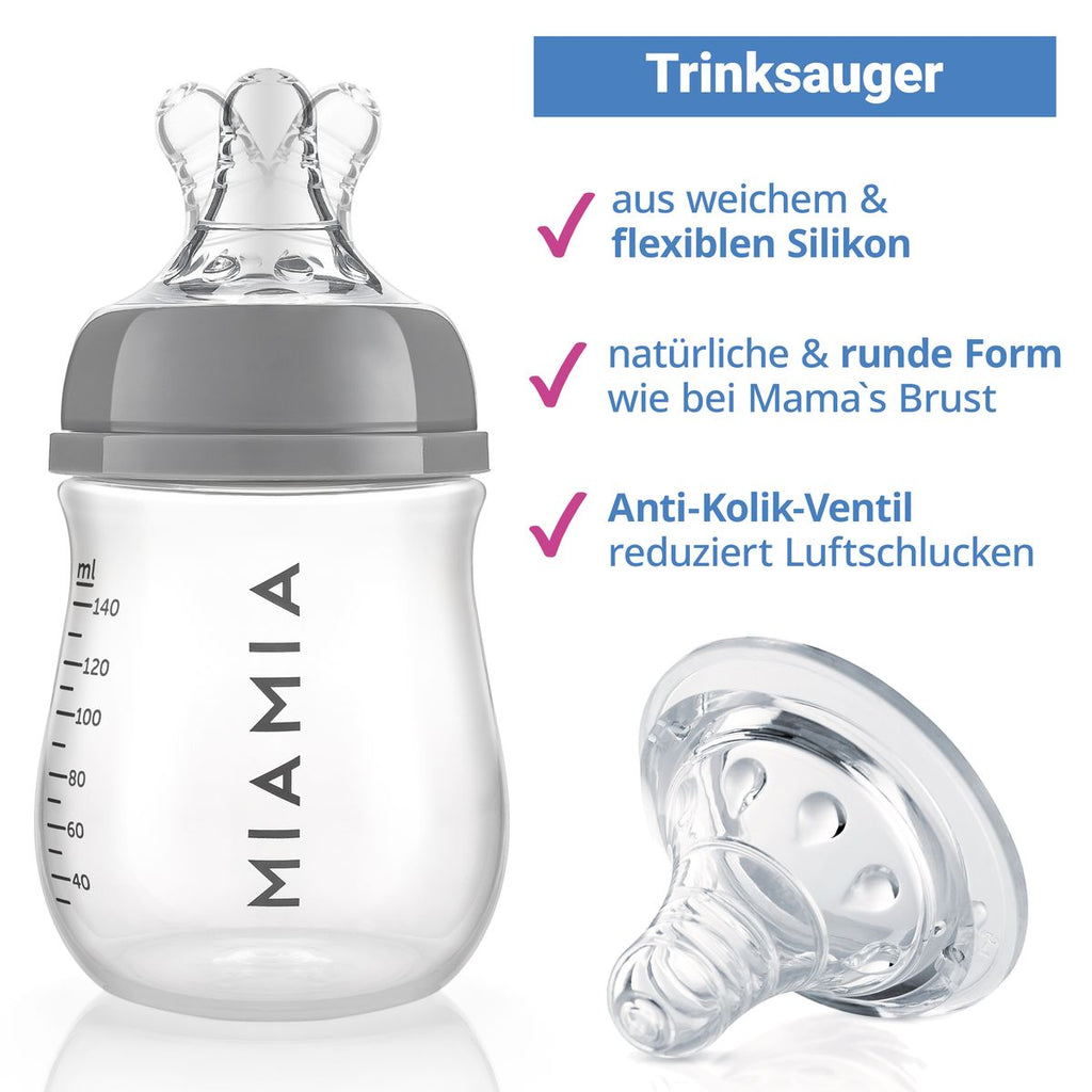 Tåteflaske 4-pakning 140 og 260 ml med flaskesmokk str. S, grå montert med kork