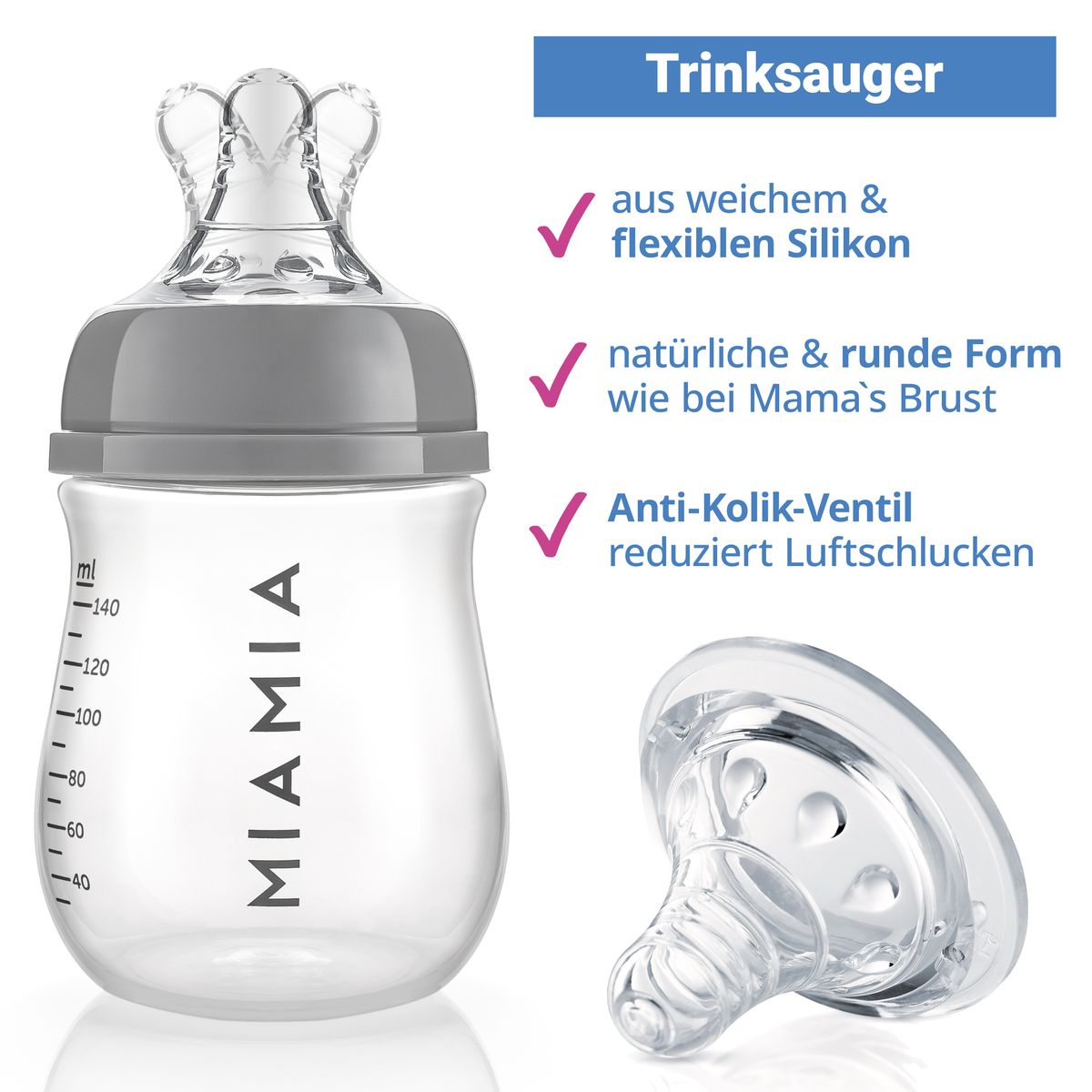 Tåteflaske 4-pakning 140 og 260 ml med flaskesmokk str. S, grå montert med kork