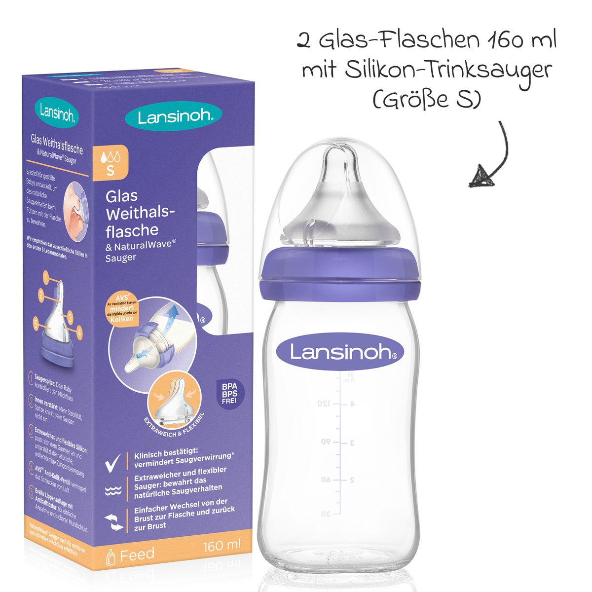 Tåteflaske i glass 2-pakning 160 ml NaturalWave str. S - Lansinoh bakside