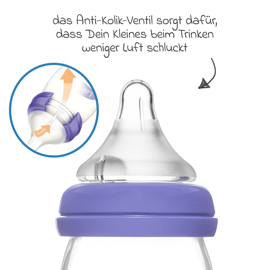 Nærbilde av anti-kolik ventil på Tåteflaske i glass 2-pakning 160 ml NaturalWave str. S - Lansinoh