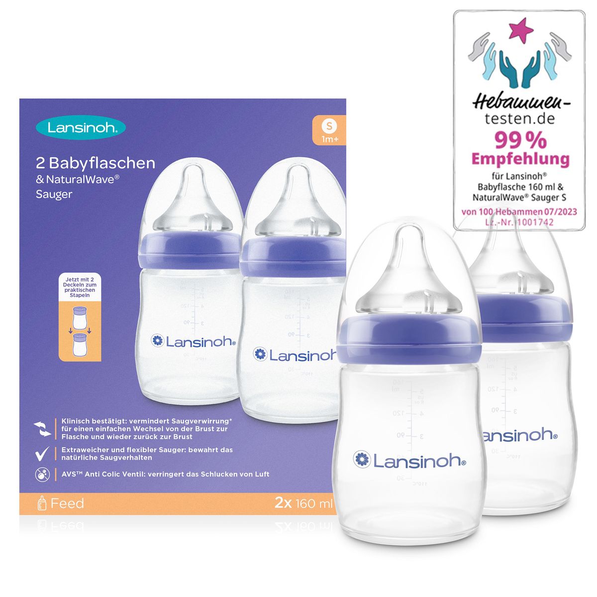 Tåteflaske i plast 2-pakning 160 ml NaturalWave str. S Lansinoh med vid åpning