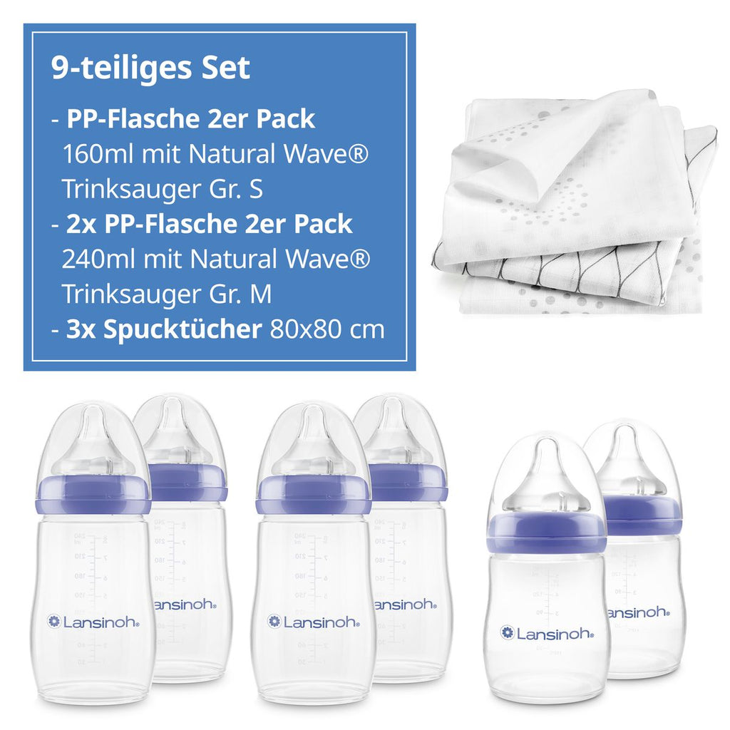 Tåteflaskesett 9 deler NaturalWave smokk str. S og M - Lansinoh bakside