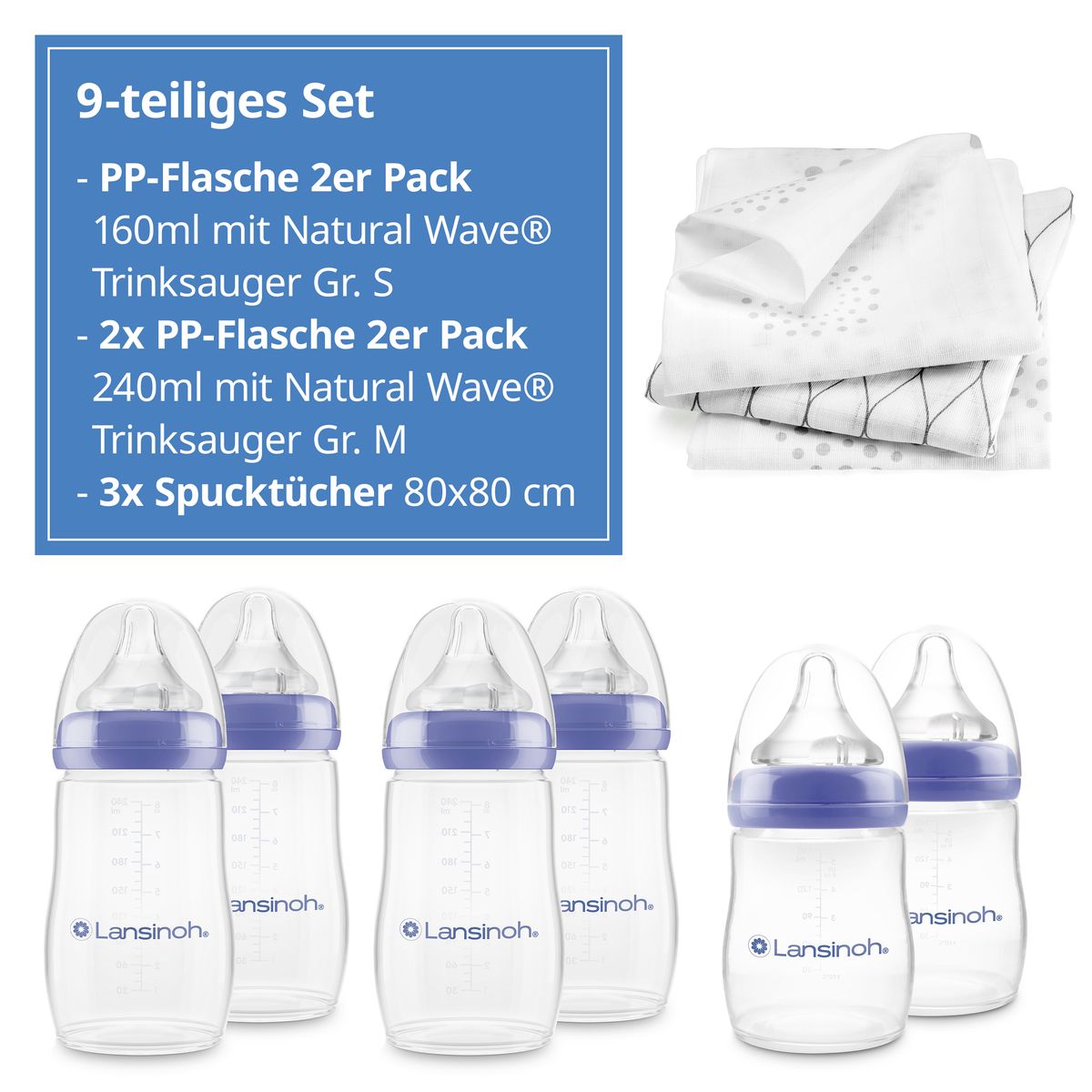 Tåteflaskesett 9 deler NaturalWave smokk str. S og M - Lansinoh bakside