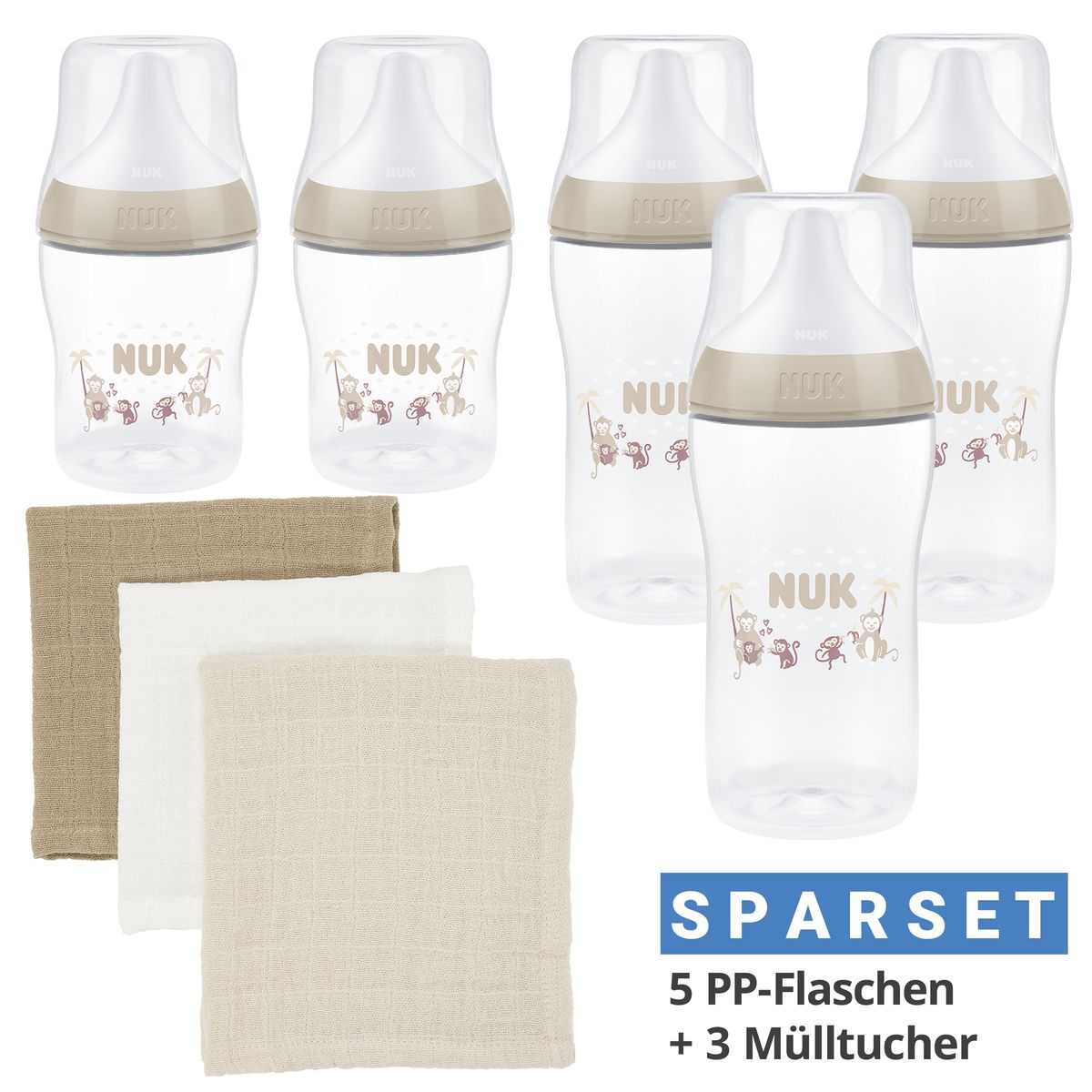 Frontbilde av Tåteflaskesett i plast Perfect Match 8 deler med spyttekluter fra Nuk