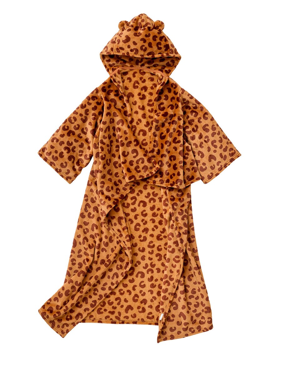 Teppe med hette og ermer leopardmønster front