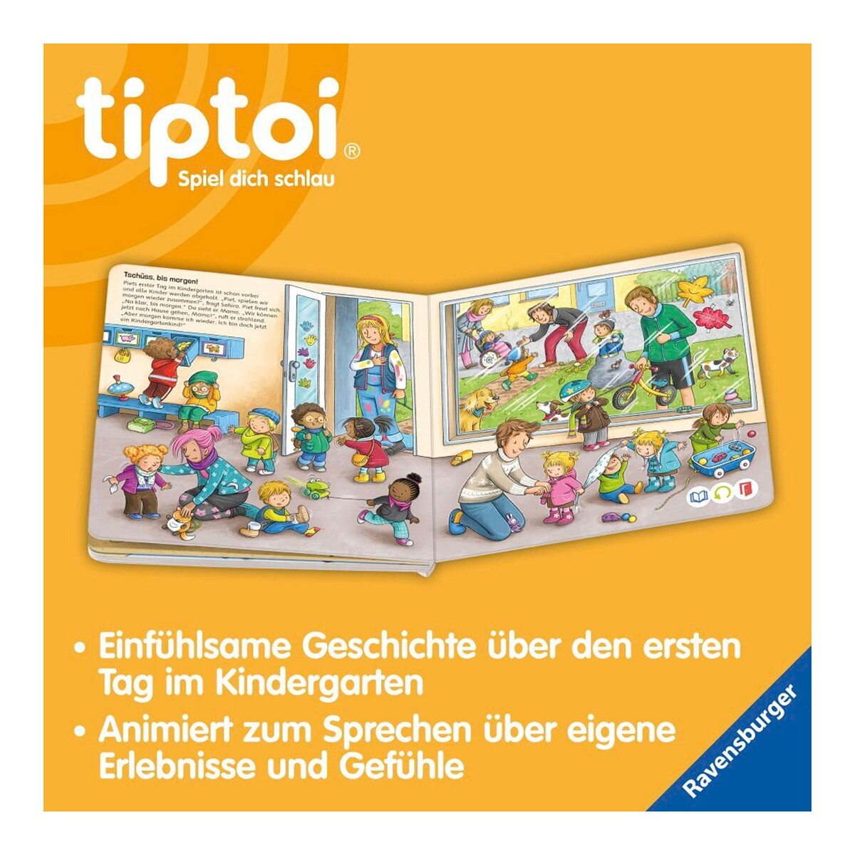 montert tiptoi® interaktiv bok "Piet kommt in den Kindergarten" side