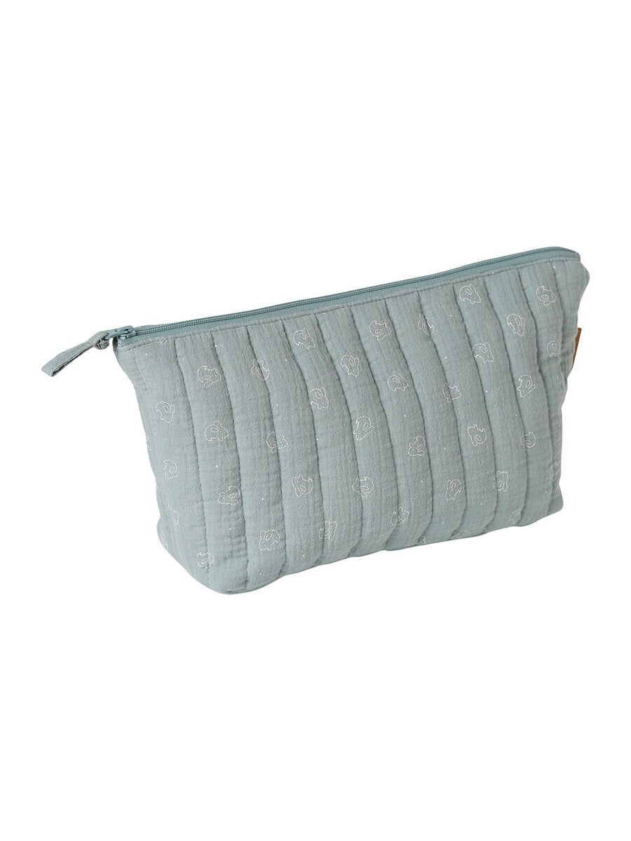 Nærbilde av stoff og søm på Toalettmappe for baby i musselin bomull 25x18 cm