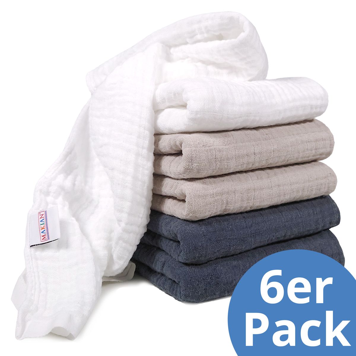 Tøybleier i bomull 6-pack 80 x 80 cm OEKO-TEX fra Makian forfra