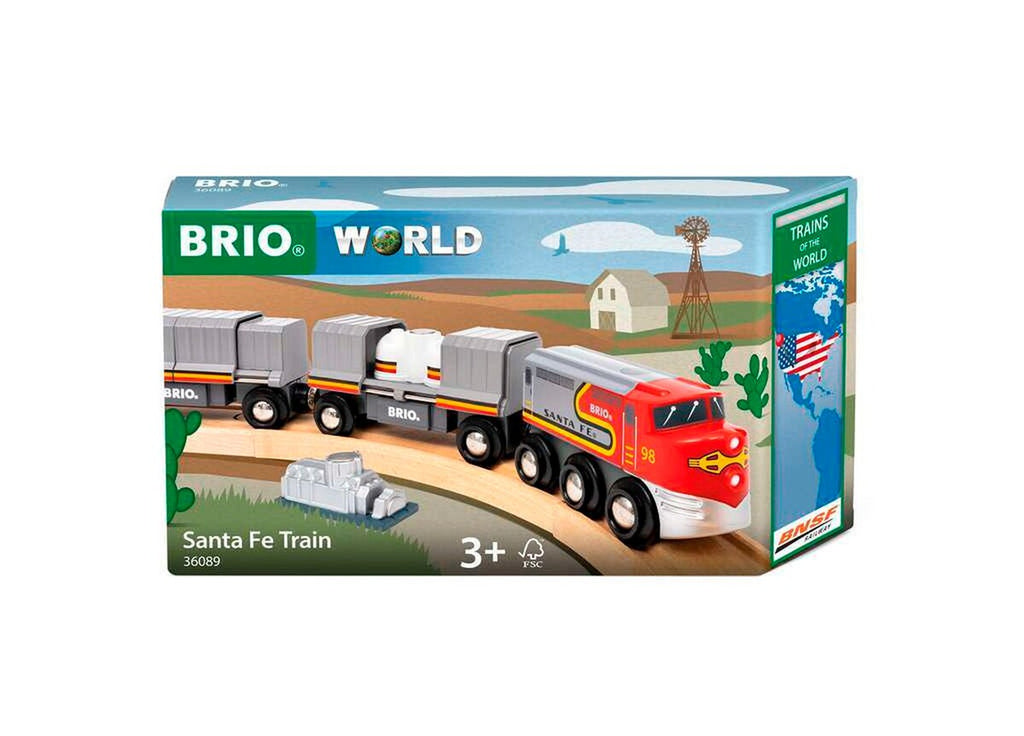 Montert Trains of the World Santa Fe tog i tre med 2 vogner på lekeunderlag