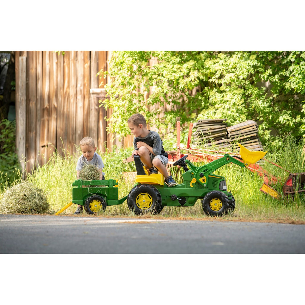 Montert tråkketraktor rollyJunior John Deere med henger